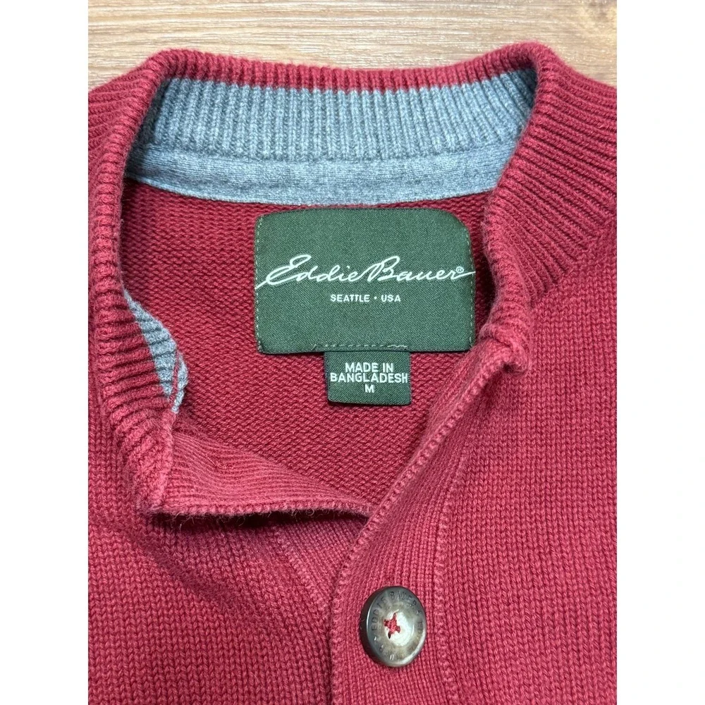 VTG Eddie Bauer Mens Red 100% Cotton Chunky Henley Knit Pullover Sweater Size M